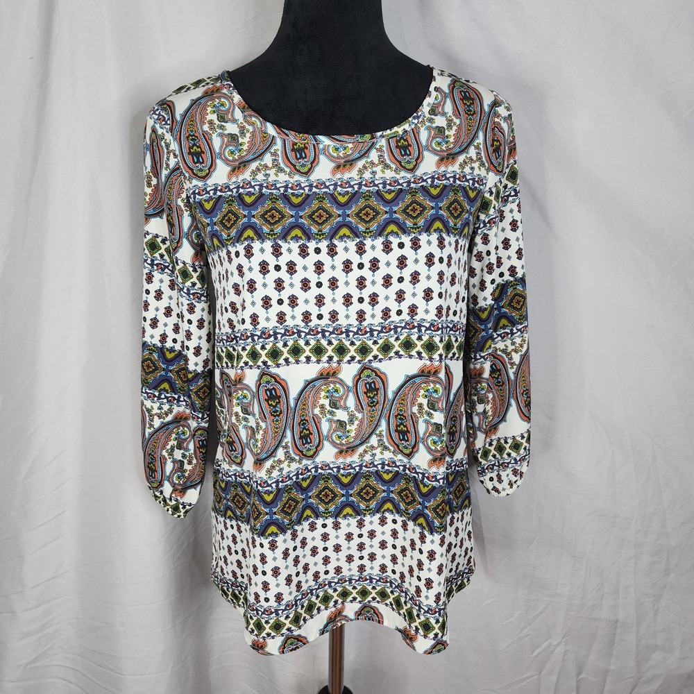 NEWBURY KUSTOM Size Small Colorful Paisley Drop Tail 3/4 Sleeve Office Blouse